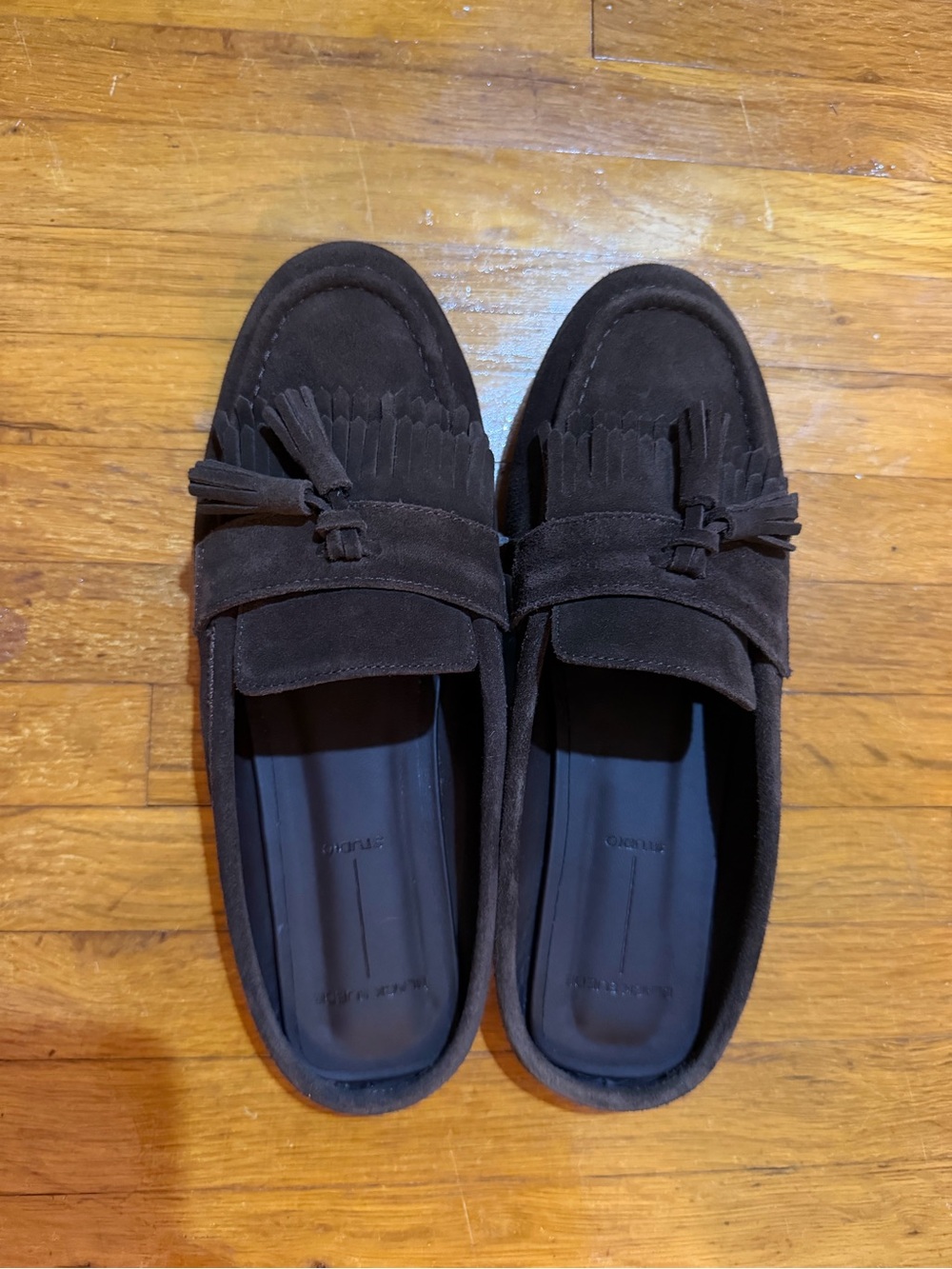 NWT Black Suede Studio Tassel Fringe Loafers - Dark Brown